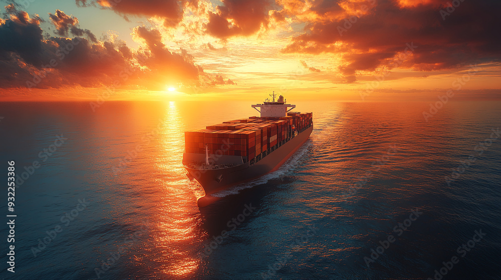 A massive container ship sails forward on the vast blue sea, filled with numerous colorful shipping containers A massive container ship sails forward on the vast blue sea, filled with numerous colorful shipping containers