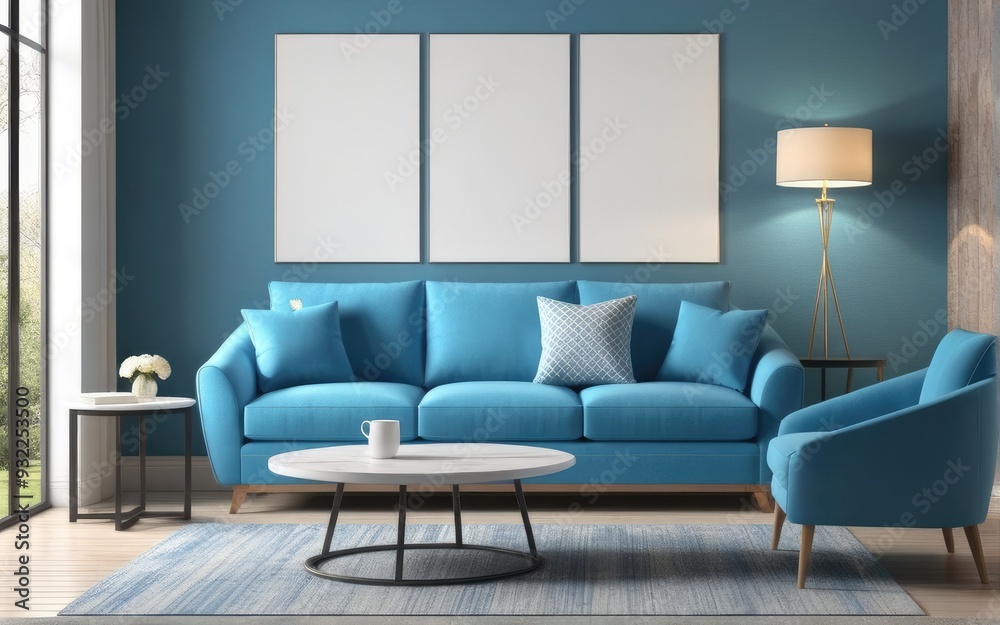 Interior of living room with blue sofa 3d rendering Interior of living room with blue sofa 3d rendering