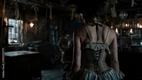 A woman in a white dress with a corset and scratches on her back stands in a dark room with a bar in the background.