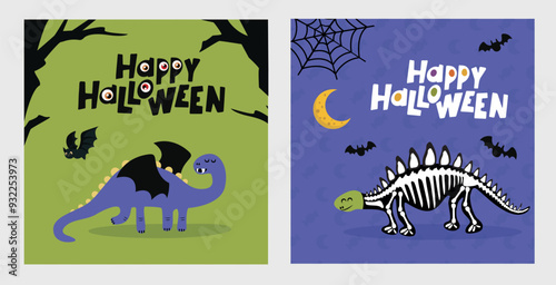 Happy Halloween illustration set with dinosaurs in skeleton and dracula costumes.