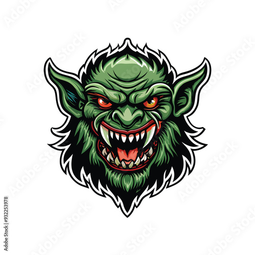 An illustration of a green troll face with sharp teeth and red eyes, in a cartoon style.