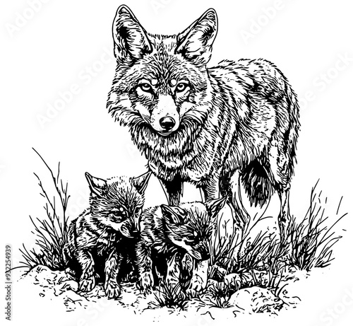 Coyote and two coyote pups in tall grass illustration in black, isolated 