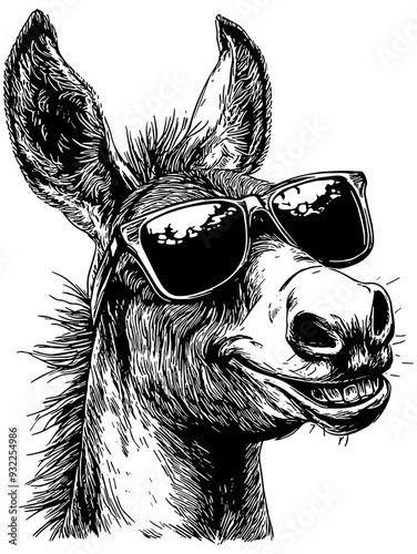 Portrait of a funny cartoon donkey wearing sunglasses, isolated 
