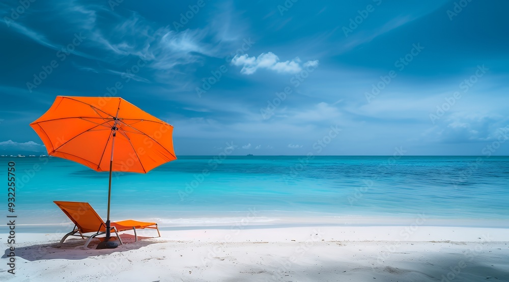 A serene beach scene with an orange umbrella and lounge chair by the turquoise sea. A serene beach scene with an orange umbrella and lounge chair by the turquoise sea.
