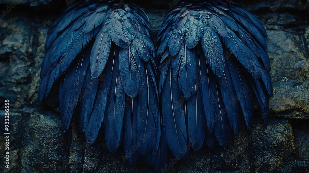 Obraz premium Blue bird close-up on stone wall with water droplets on its wings