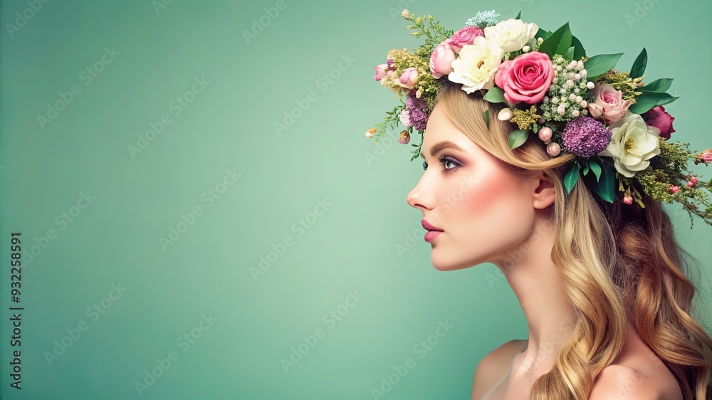 Beautiful woman with flower wreath on her head. Beauty girl with flowers hairstyle. Pretty girl. Fashion photo Beautiful woman with flower wreath on her head. Beauty girl with flowers hairstyle. Pretty girl. Fashion photo