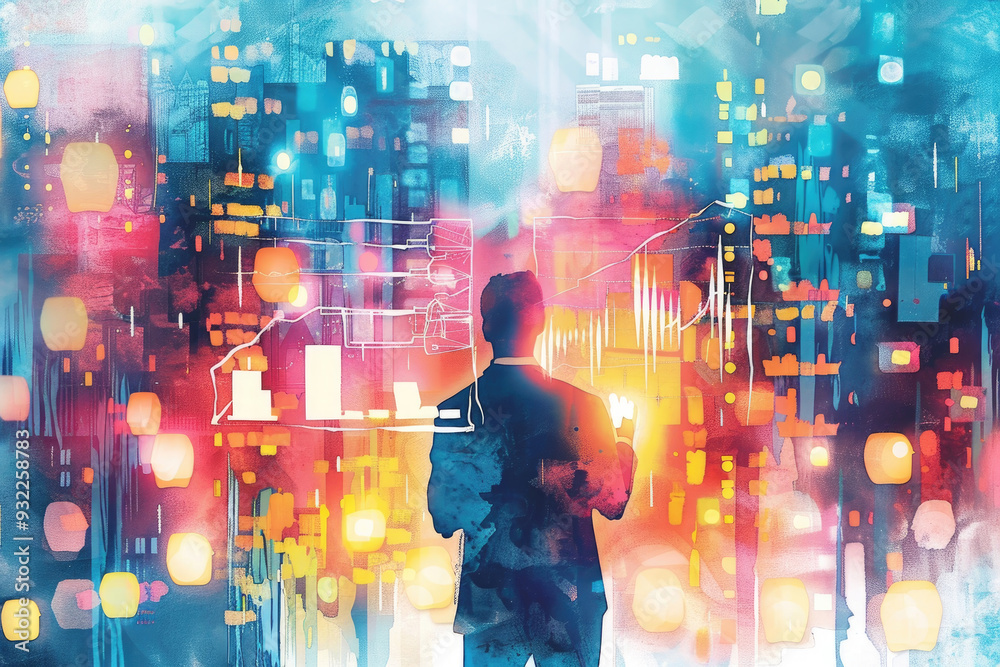 A suited individual gazes at a colorful urban landscape filled with light and data patterns at night A suited individual gazes at a colorful urban landscape filled with light and data patterns at night