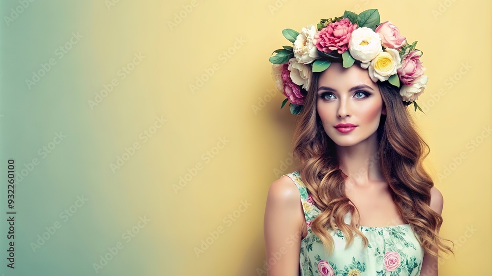 Beautiful woman with flower wreath on her head. Beauty girl with flowers hairstyle. Pretty girl. Fashion photo Beautiful woman with flower wreath on her head. Beauty girl with flowers hairstyle. Pretty girl. Fashion photo