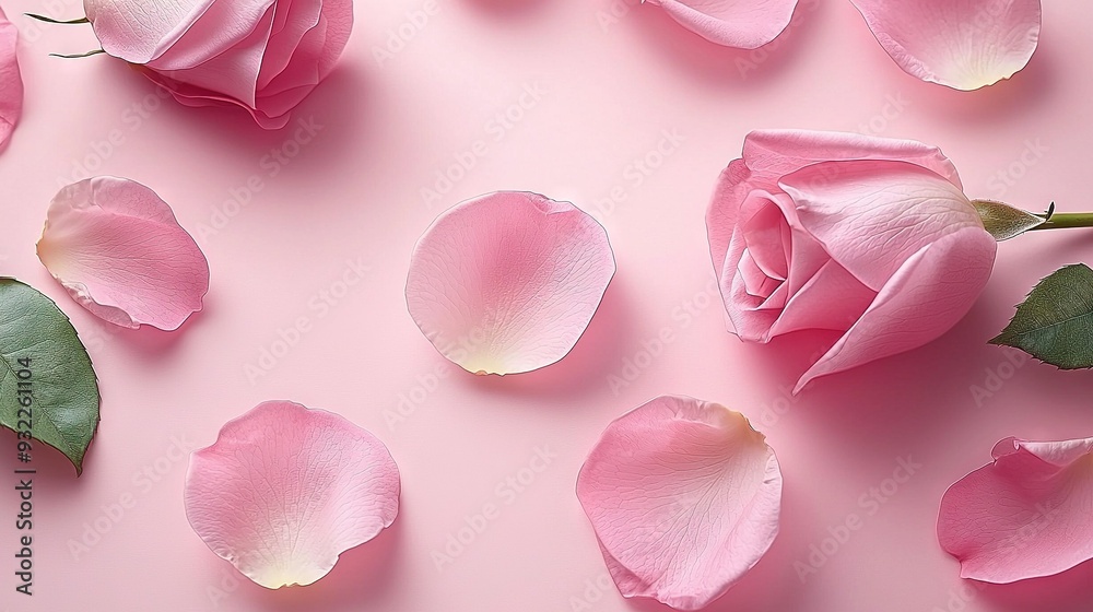 A cluster of pink roses placed upon a pink background beside a verdant plant on top of a pink surface A cluster of pink roses placed upon a pink background beside a verdant plant on top of a pink surface