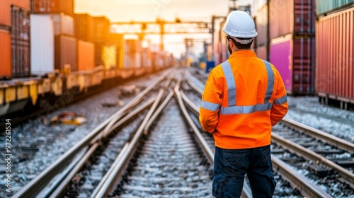 As a railway worker in an orange vest observes a freight train, he emphasizes safety and logistics.