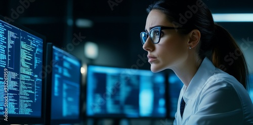 Female IT developer works in a dark office while using a computer. Cybersecurity analyst identifies stock threats in digital detection analysis.