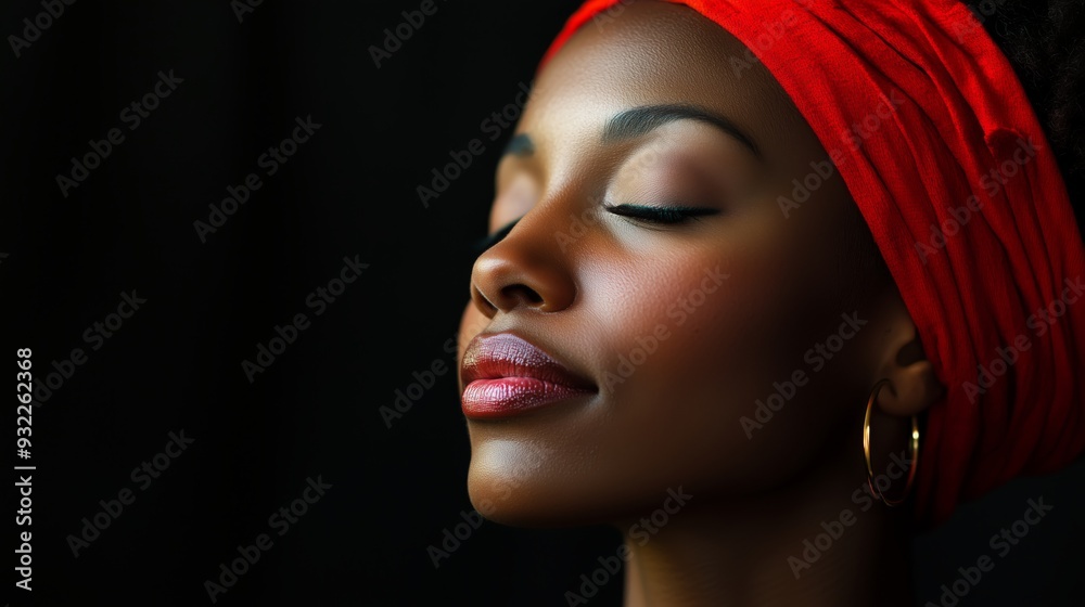 Close-up of a grateful African American woman under dark red accent color. Apologetic black woman against a blurred background and reddish tones of soft light. Close-up of a grateful African American woman under dark red accent color. Apologetic black woman against a blurred background and reddish tones of soft light.