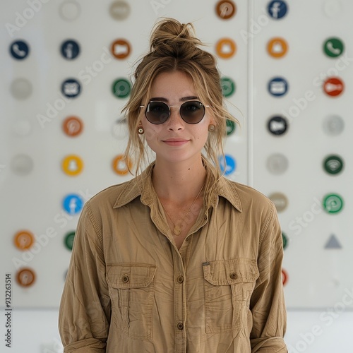 A young woman with a bun hairstyle wearing a brown shirt stands in front of a wall covered in social media logos. She has a slight smile on her face and is looking at the camera. photo