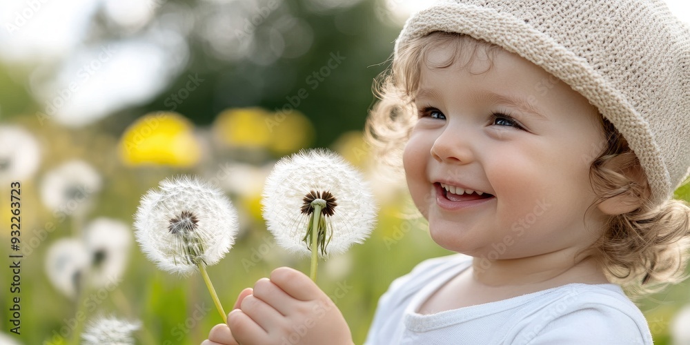 Happy Smiling Child Playing with Dandelion Outdoors in a Garden Happy Smiling Child Playing with Dandelion Outdoors in a Garden
