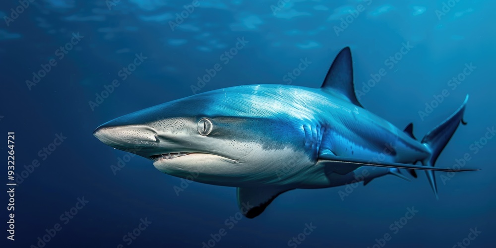 Close up of a majestic blue shark displaying an elegant and proud gaze as it swims deep in the ocean Close up of a majestic blue shark displaying an elegant and proud gaze as it swims deep in the ocean