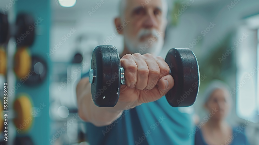 An elderly man lifting a dumbbell in a gym, emphasizing fitness and strength training. An elderly man lifting a dumbbell in a gym, emphasizing fitness and strength training.