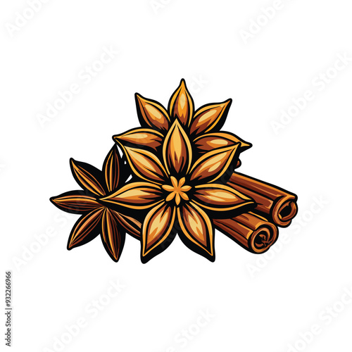 Vector design of rare and exotic spices featuring star anise and cinnamon sticks.