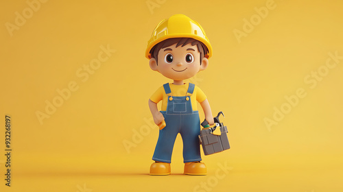 A high-resolution 3D character design of a cartoon-style, cute worker boy in a full-body shot. He wears a yellow helmet and blue overalls, holding a tool bag in his hand.