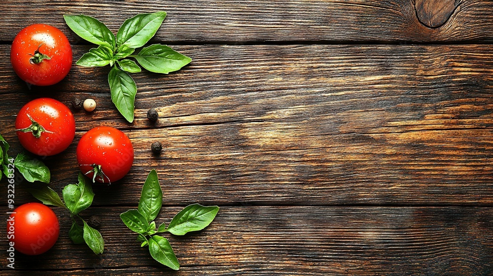 Tomatoes on wooden table with green plant nearby Tomatoes on wooden table with green plant nearby