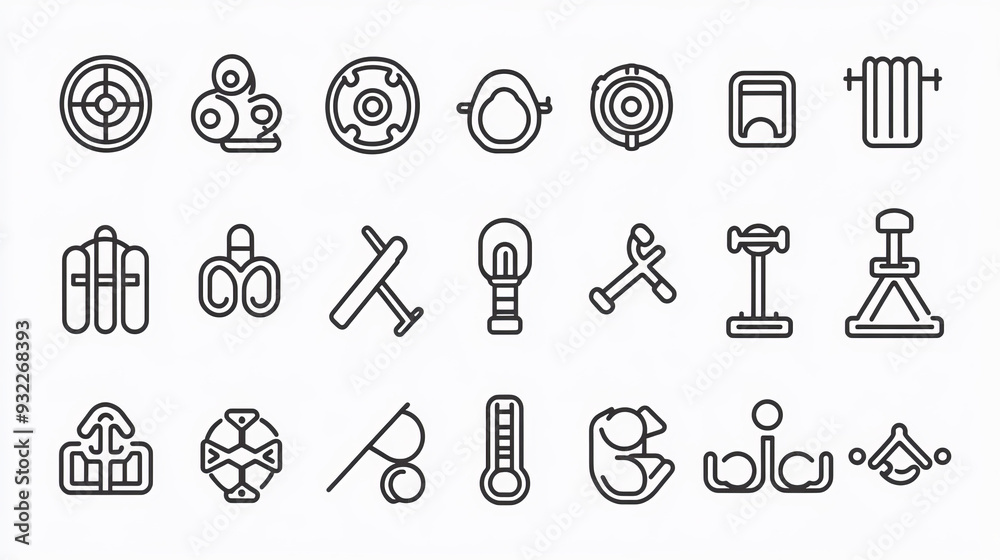 Obraz premium A collection of 100 pictograms in line style, featuring a gym theme. The icons are designed in black and white, capturing various aspects of sport and gym with clean, simple lines.