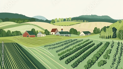 Abstract visualization of sustainable agriculture emphasizing organic farming resource efficiency and environmental stewardship with clean minimalist graphics