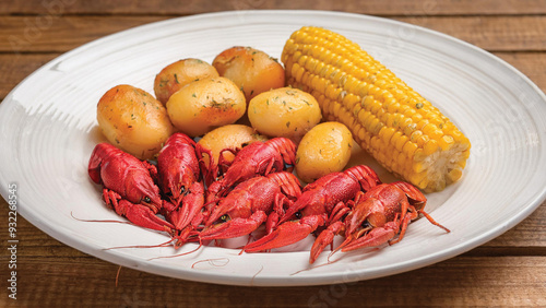 Delicious Plate of Crawfish, Corn and Potatoes
