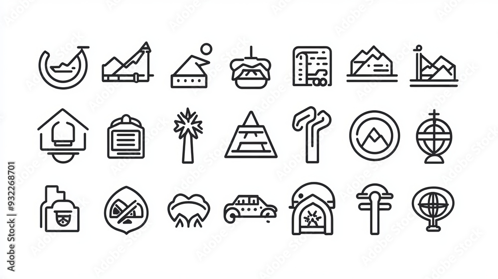 Themes Pictogram A collection of 100 pictograms in line style, featuring a touristic ...