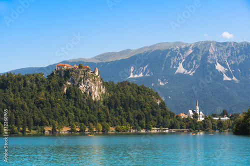 View of Lake Bled and Bled Castle, Slovenia photo