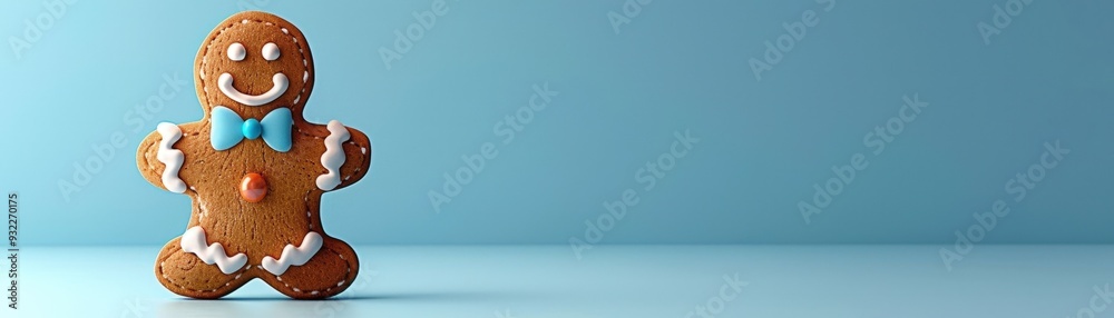 Obraz premium Christmas gingerbread man with icing, Close-up, 3D Blender Style, Cute Minimal style, isolated on blue background, with space for text