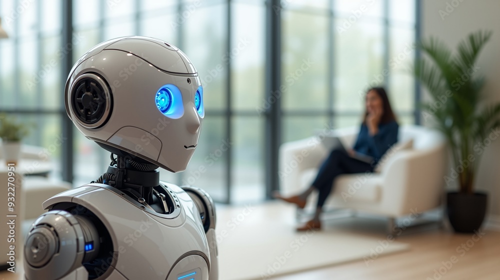 White robot with blue eyes stands near a woman on a white couch in a modern living room. Large windows and a plant fill the space with light. White robot with blue eyes stands near a woman on a white couch in a modern living room. Large windows and a plant fill the space with light.
