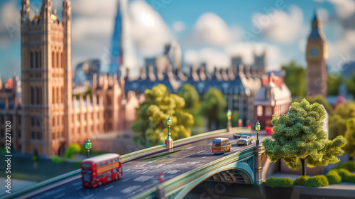 Miniature London cityscape with iconic landmarks, double-decker buses, and detailed buildings