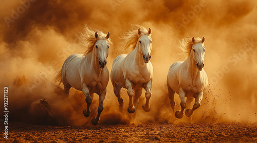 Running gallop horses dust kicking up in the air