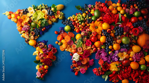 A world map made of fresh fruits, vegetables and flowers on a blue background. photo