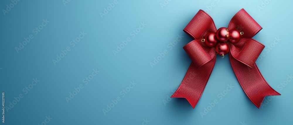 Christmas bow with bells, Close-up, 3D Blender Style, Cute Minimal style, isolated on blue background, with space for text Christmas bow with bells, Close-up, 3D Blender Style, Cute Minimal style, isolated on blue background, with space for text