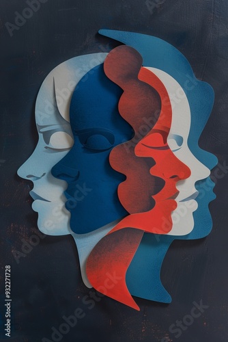 Abstract paper cutout art of two faces in red and blue colors symbolizing duality and emotions