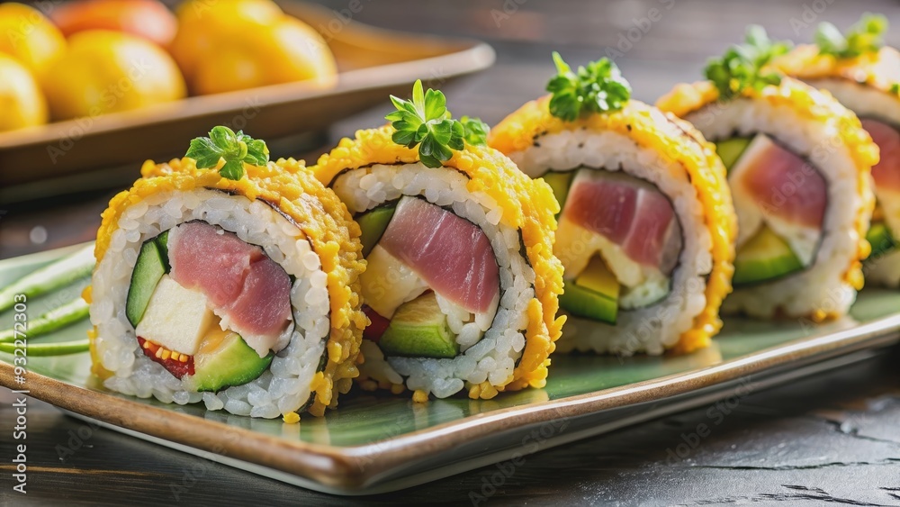 Sushi roll with tuna flakes, tempura shrimp, mango, and cucumber on a plate , Japanese cuisine, sushi Sushi roll with tuna flakes, tempura shrimp, mango, and cucumber on a plate , Japanese cuisine, sushi