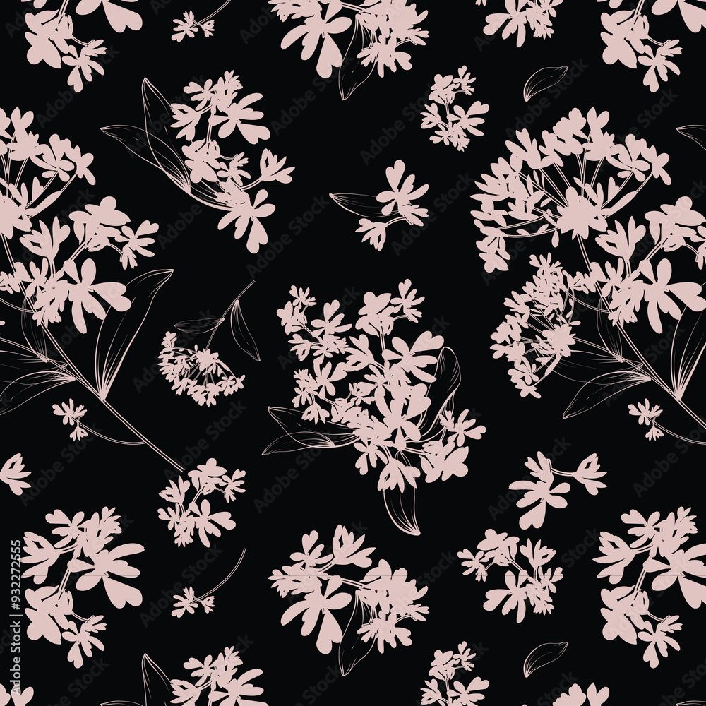 bicolor contour silhouette seamless pattern with flowers and leaves. Abstract floral spring, summer pattern. bicolor contour silhouette seamless pattern with flowers and leaves. Abstract floral spring, summer pattern.