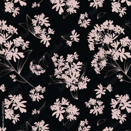 bicolor contour silhouette seamless pattern with flowers and leaves. Abstract floral spring, summer pattern.