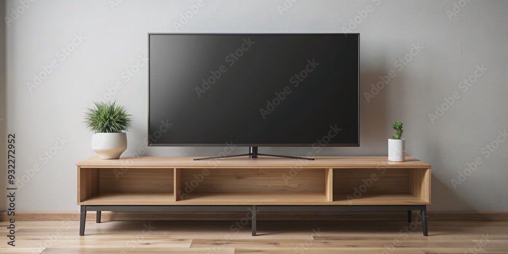 Black Smart TV mockup displayed on a sleek wooden console , technology, electronics, television, entertainment Black Smart TV mockup displayed on a sleek wooden console , technology, electronics, television, entertainment