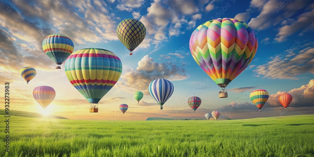 Obraz premium Colorful origami hot air balloons flying in a field cut wallpaper sky, hot air balloon, origami, field cut, wallpaper