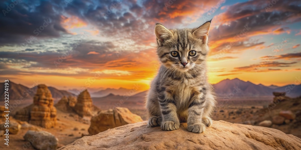 Grumpy kitten sitting on rock in front of beautiful desert sunset, grumpy, kitten, rock, desert, sunset, animal, pet, adorable, cute Grumpy kitten sitting on rock in front of beautiful desert sunset, grumpy, kitten, rock, desert, sunset, animal, pet, adorable, cute