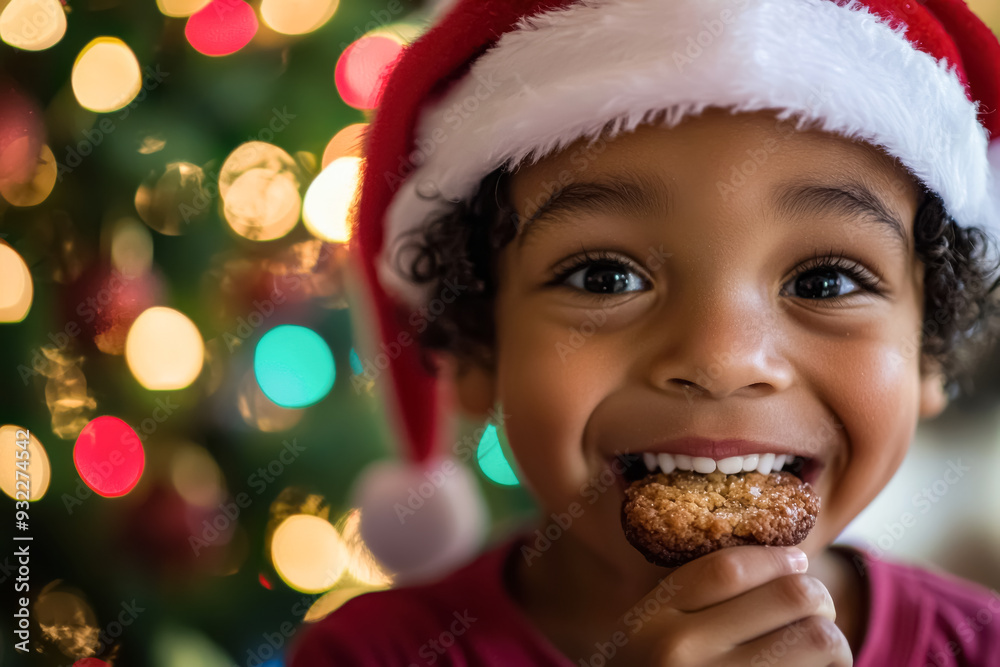 A joyous photo of a young boy with medium brown skin, curly hair, and a Santa hat, enjoying a Christmas cookie in front of a festively lit tree, capturing the essence of holiday happiness. A joyous photo of a young boy with medium brown skin, curly hair, and a Santa hat, enjoying a Christmas cookie in front of a festively lit tree, capturing the essence of holiday happiness.