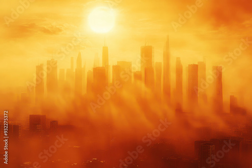 City skyline engulfed in intense orange haze with a scorching sun overhead, illustrating extreme heat and pollution