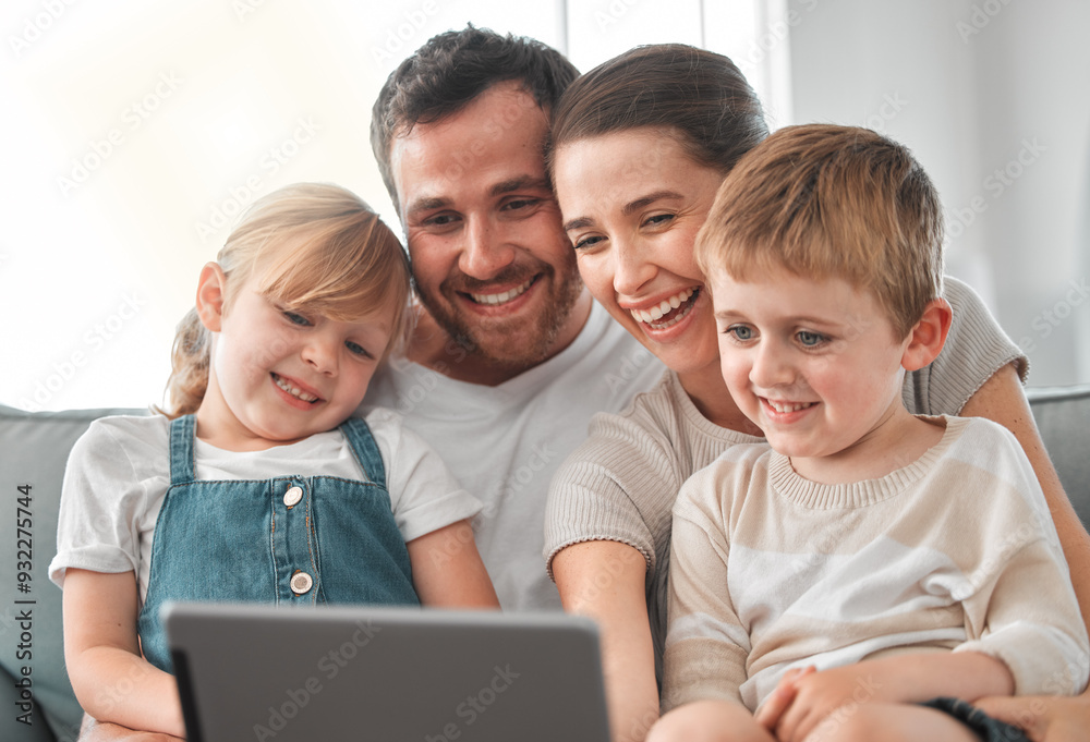 Sofa, video call and parents with children on tablet for communication, contact and networking. Family, relax and mom, dad and kids on digital tech for relationship, talking and bonding in home Sofa, video call and parents with children on tablet for communication, contact and networking. Family, relax and mom, dad and kids on digital tech for relationship, talking and bonding in home