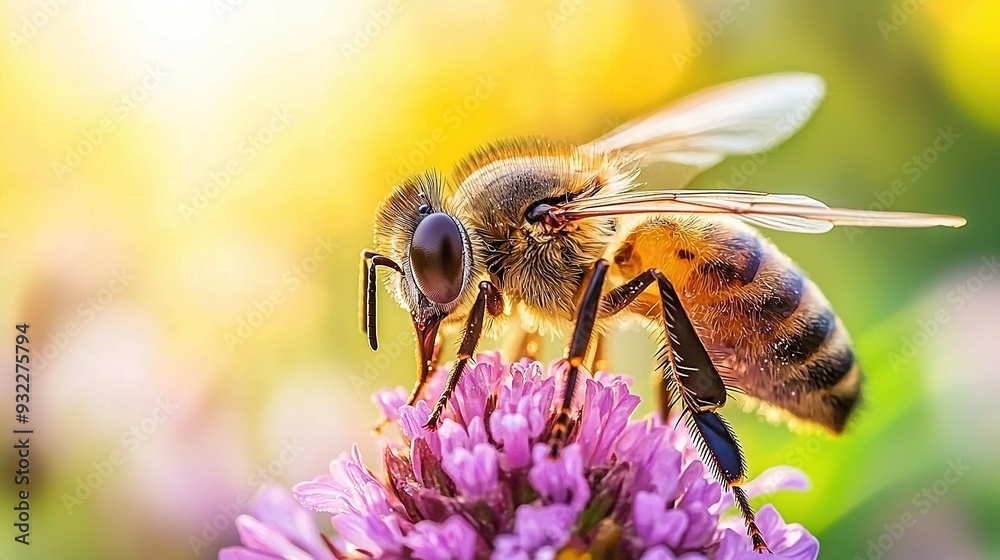 A bee perches atop a purple blossom alongside another bee atop the same hue A bee perches atop a purple blossom alongside another bee atop the same hue