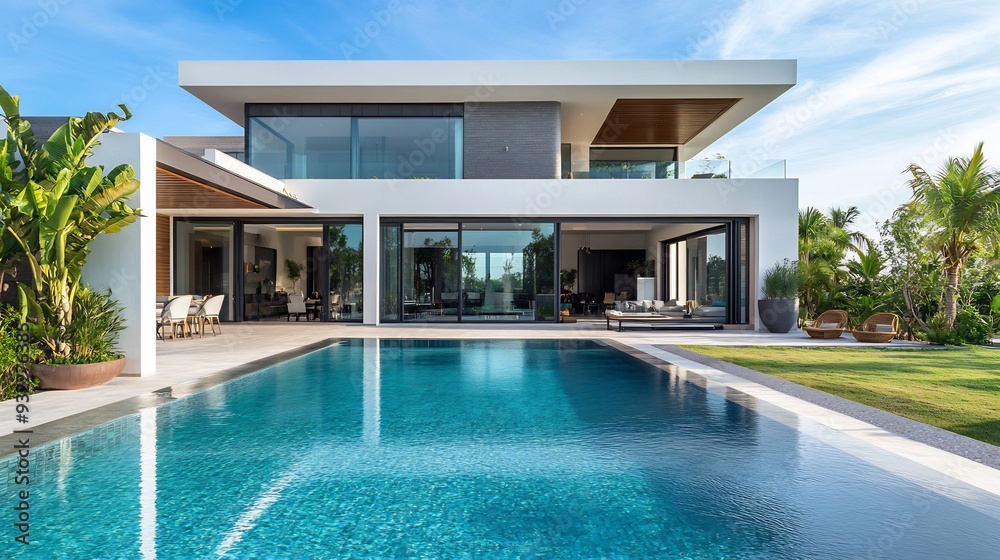 Fototapeta premium Modern White House with Swimming Pool and Lush Greenery
