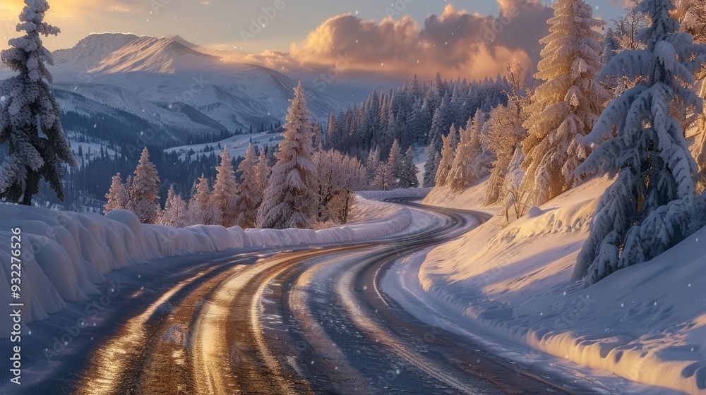 Twilight drive snowy road curving through pine trees and mountains in dusk light Twilight drive snowy road curving through pine trees and mountains in dusk light