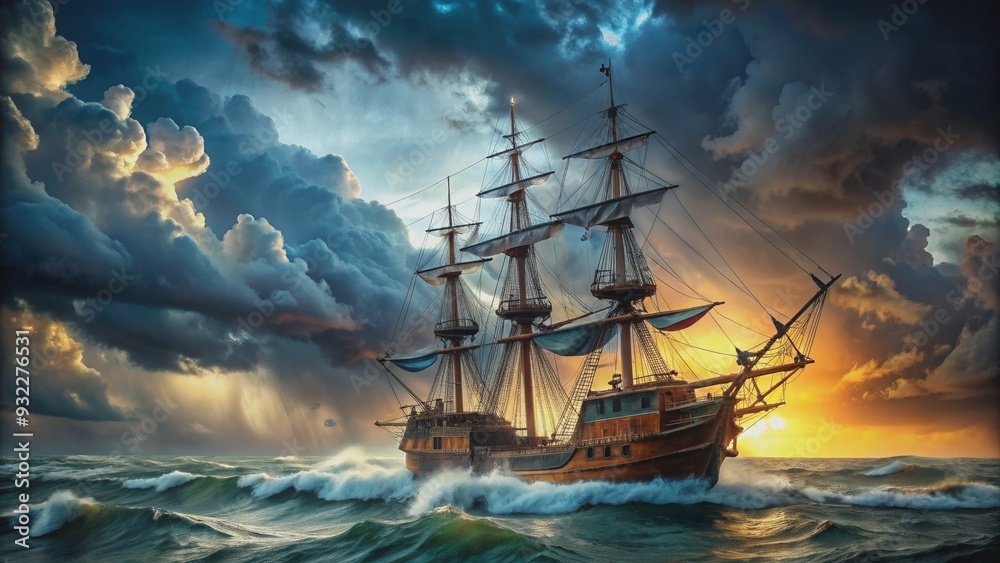 Obraz premium Historical pirate ship with billowing sails caught in a fierce storm, pirate, ship, sail, historic, vessel, ocean, storm, weather
