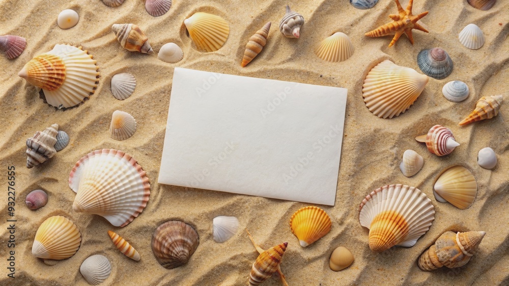 Blank card with seashells scattered on sandy beach, seashells, sandy, beach, blank card, nature, shells, ocean, vacation Blank card with seashells scattered on sandy beach, seashells, sandy, beach, blank card, nature, shells, ocean, vacation