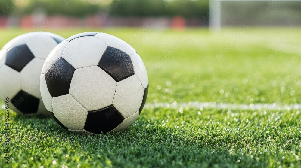 Soccer balls resting on green grass in a bright outdoor field